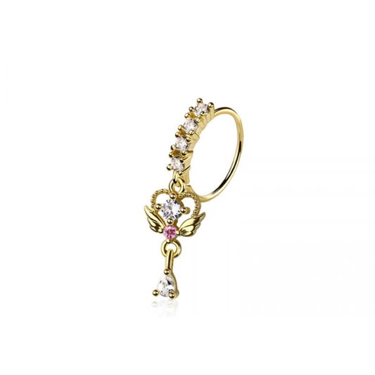 Dangling CZ Crystal Crescent Moon Bendable Nose Ring - 316L Stainless Steel