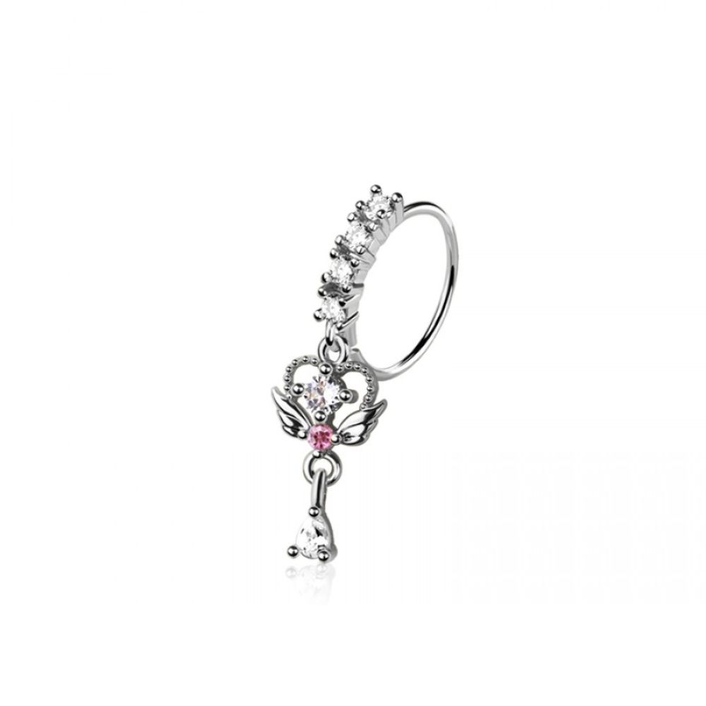 Pink CZ Crystal Winged Heart with Dangling Gem Bendable Nose Ring - 316L Stainless Steel