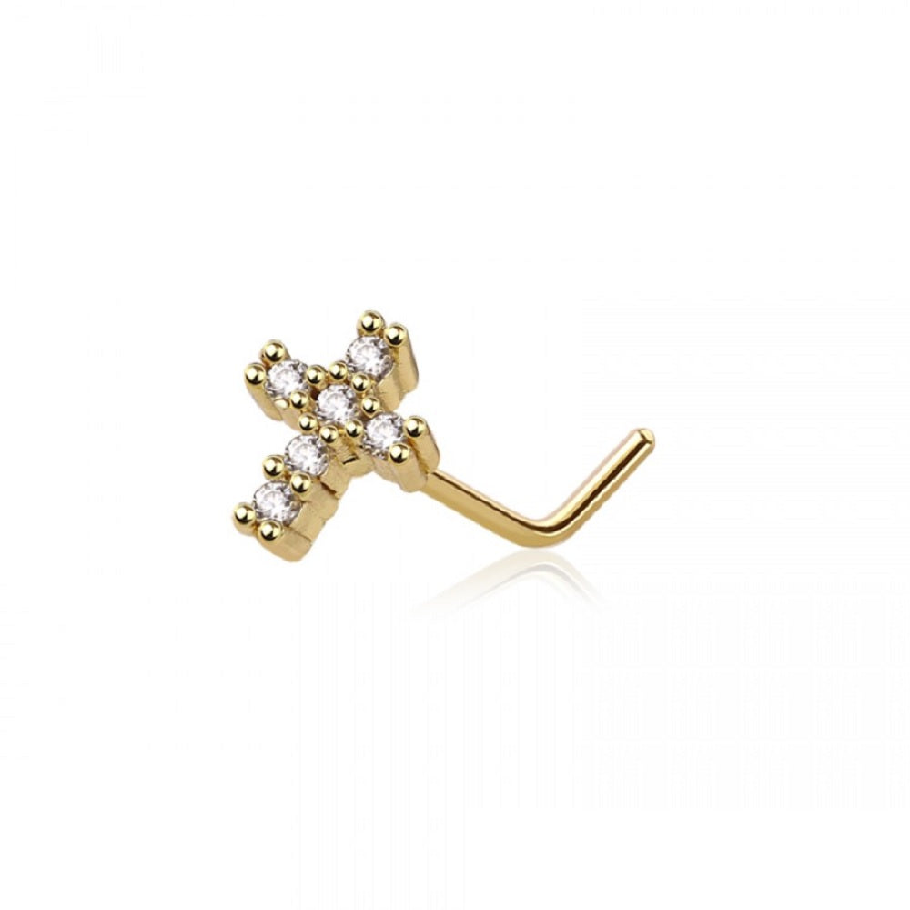 CZ Crystal Paved Cross Top L-Bend Nose Stud - 316L Stainless Steel