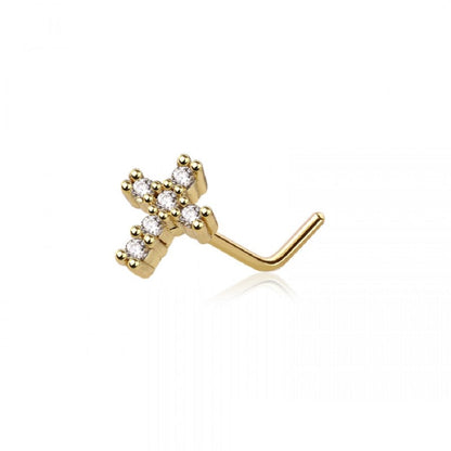 CZ Crystal Paved Cross Top L-Bend Nose Stud - 316L Stainless Steel