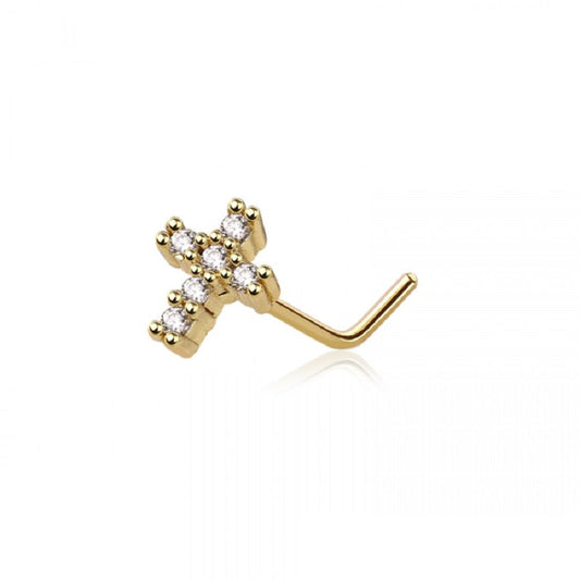 CZ Crystal Paved Cross Top L-Bend Nose Stud - 316L Stainless Steel