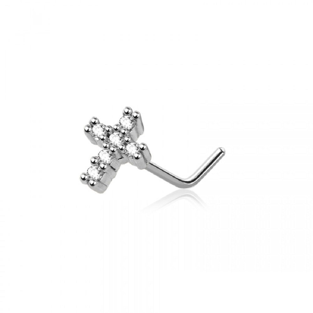 CZ Crystal Paved Cross Top L-Bend Nose Stud - 316L Stainless Steel