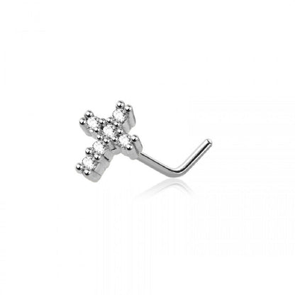 CZ Crystal Paved Cross Top L-Bend Nose Stud - 316L Stainless Steel