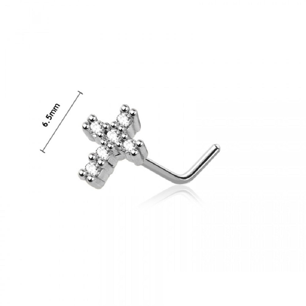 CZ Crystal Paved Cross Top L-Bend Nose Stud - 316L Stainless Steel