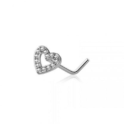 CZ Crystal Paved Heart Outline Top L-Bend Nose Stud - 316L Stainless Steel