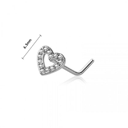 CZ Crystal Paved Heart Outline Top L-Bend Nose Stud - 316L Stainless Steel