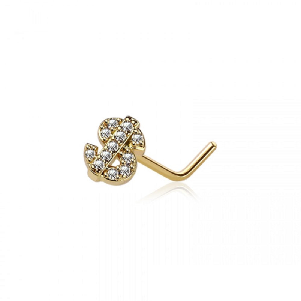 CZ Crystal Paved Dollar Sign Top L-Bend Nose Stud