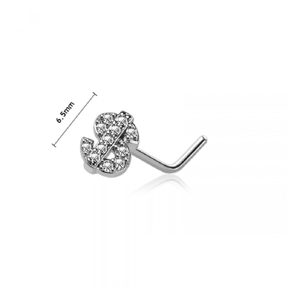 CZ Crystal Paved Dollar Sign Top L-Bend Nose Stud