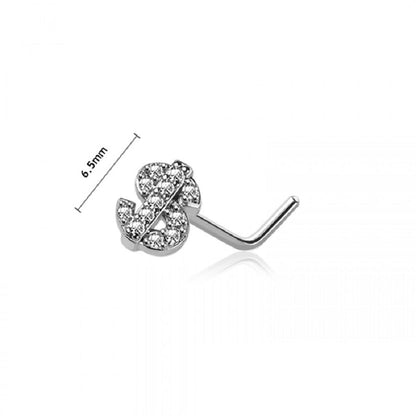 CZ Crystal Paved Dollar Sign Top L-Bend Nose Stud