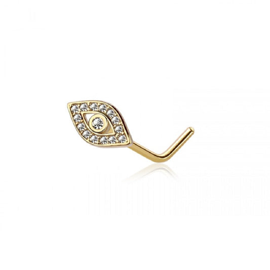CZ Crystal Paved Evil Eye Top L-Bend Nose Stud - 316L Stainless Steel