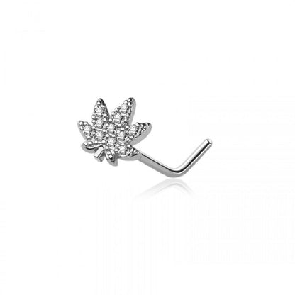 CZ Crystal Paved Pot Leaf Top L-Bend Nose Stud - 316L Stainless Steel