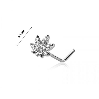 CZ Crystal Paved Pot Leaf Top L-Bend Nose Stud - 316L Stainless Steel