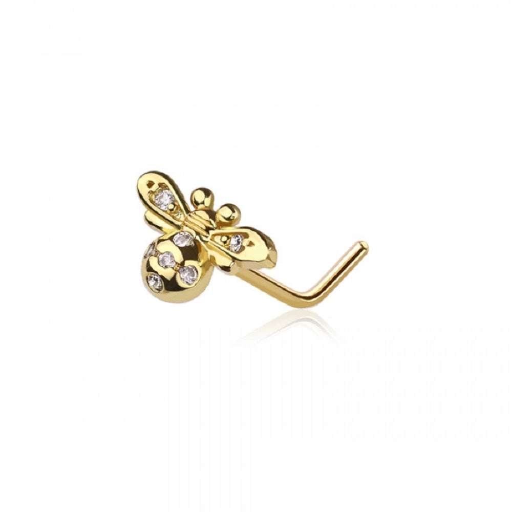 CZ Crystal Bumble Bee Top L-Bend Nose Stud - 316L Stainless Steel