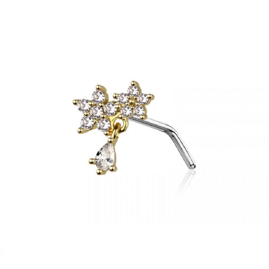CZ Crystal Flowers with Dangling Gem L-Bend Nose Stud - 316L Stainless Steel