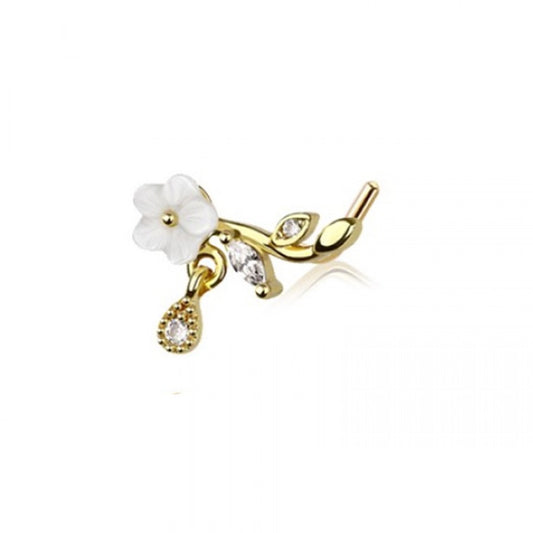 White Flower with Dangling CZ Crystal Teardrop L-Bend Nose Stud - 316L Stainless Steel