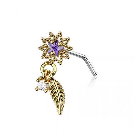 Purple CZ Crystal Starburst with Dangling Feather L-Bend Nose Stud - 316L Stainless Steel