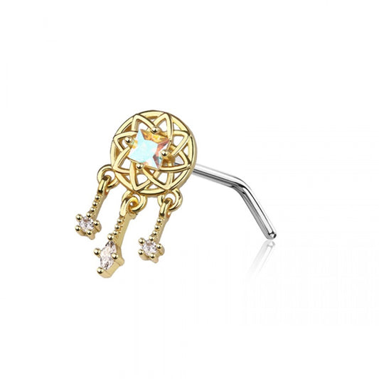 Aurora Borealis CZ Crystal Dreamcatcher Dangling L-Bend Nose Stud - 316L Stainless Steel