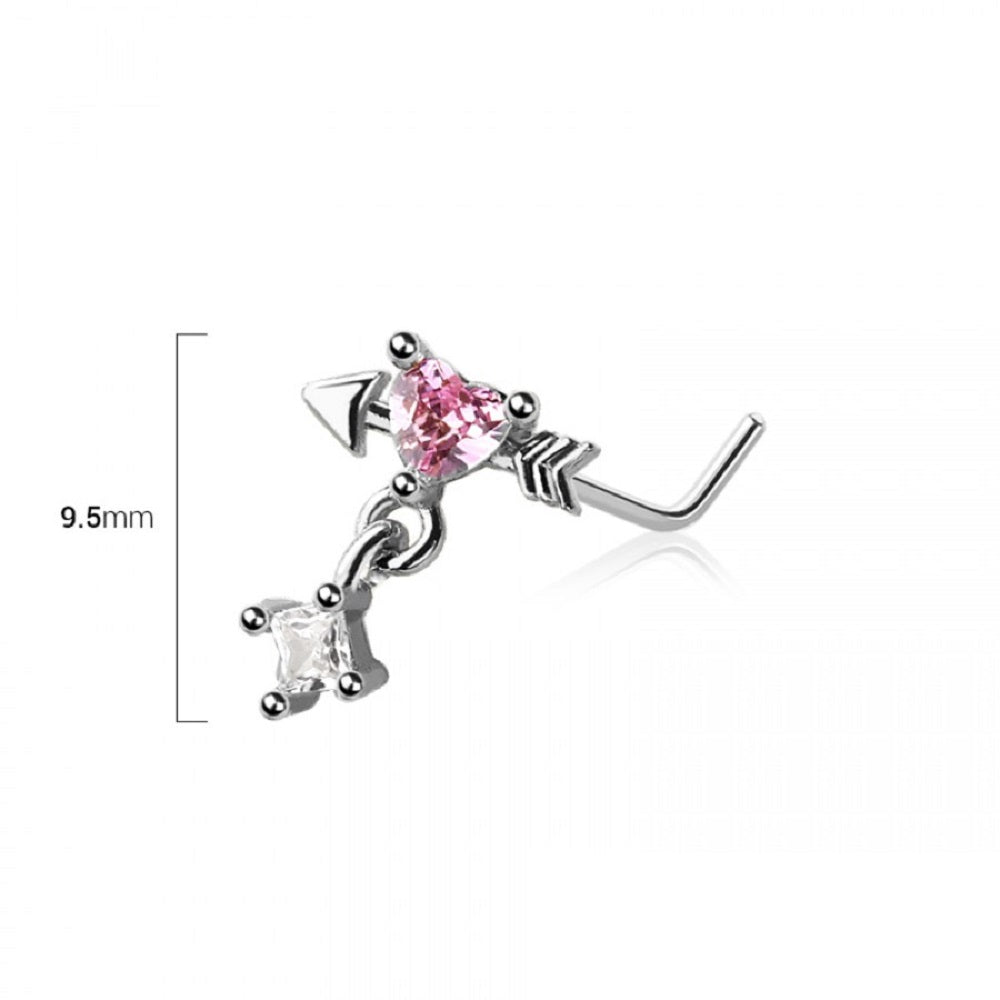 Pink Heart Arrow with Dangling Gem L-Bend Nose Stud - 316L Stainless Steel