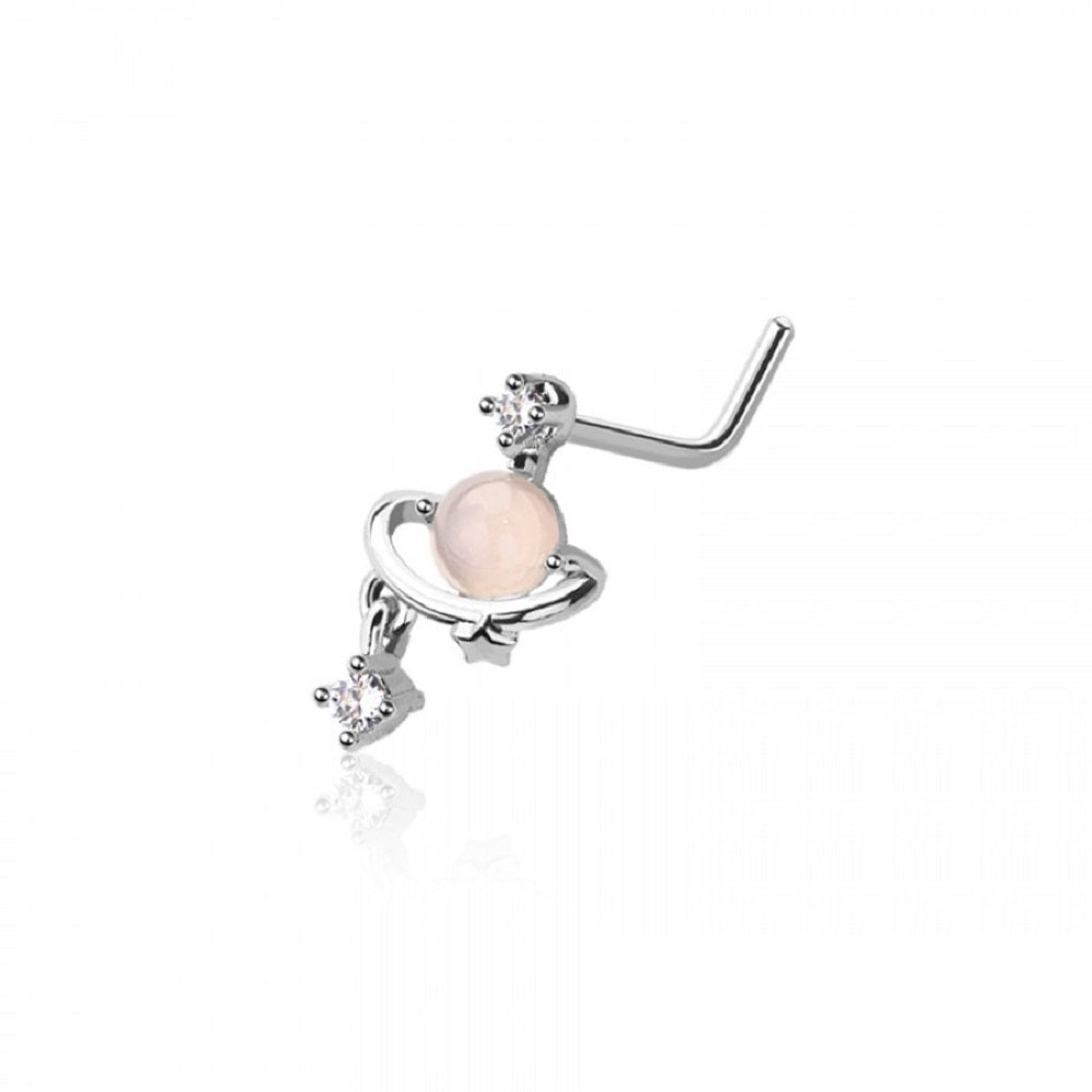 Planet with Dangling Gem L-Bend Nose Stud - Stainless Steel