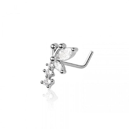 CZ Crystal Butterfly with Triple Gem L-Bend Nose Stud - Stainless Steel