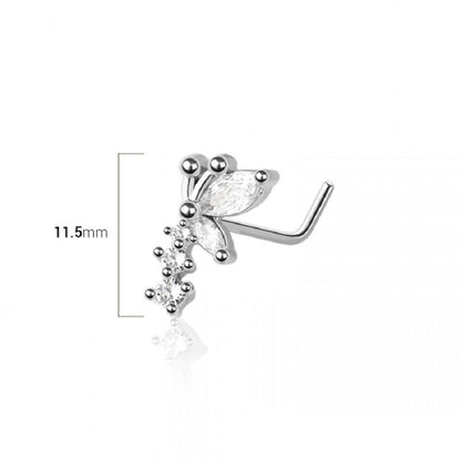 CZ Crystal Butterfly with Triple Gem L-Bend Nose Stud - Stainless Steel