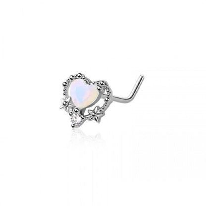 Opal Heart L-Bend Nose Stud - Stainless Steel