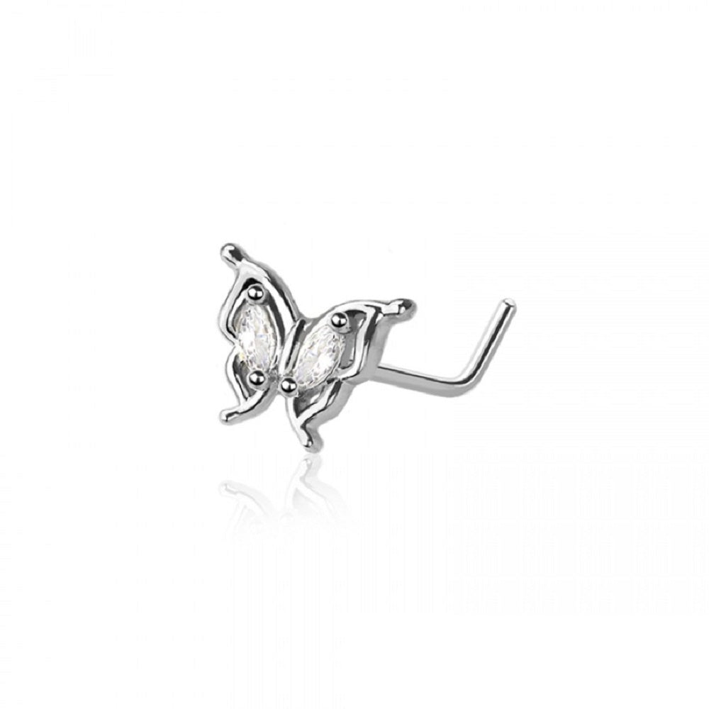 CZ Crystal Butterfly L-Bend Nose Stud - 316L Stainless Steel