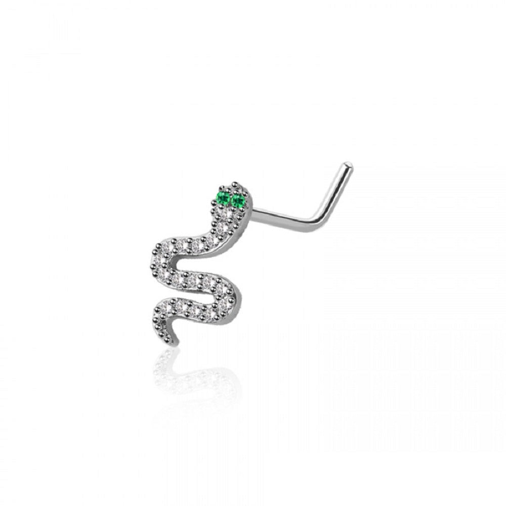 CZ Crystal Snake with Green Eyes L-Bend Nose Stud - 316L Stainless Steel