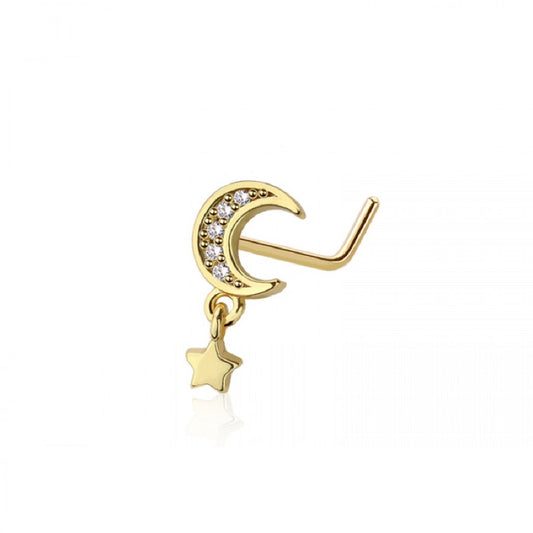 CZ Crystal Crescent Moon with Dangling Star L-Bend Nose Stud - 316L Stainless Steel