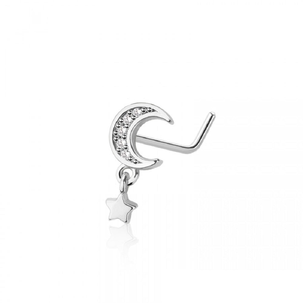 CZ Crystal Crescent Moon with Dangling Star L-Bend Nose Stud - 316L Stainless Steel