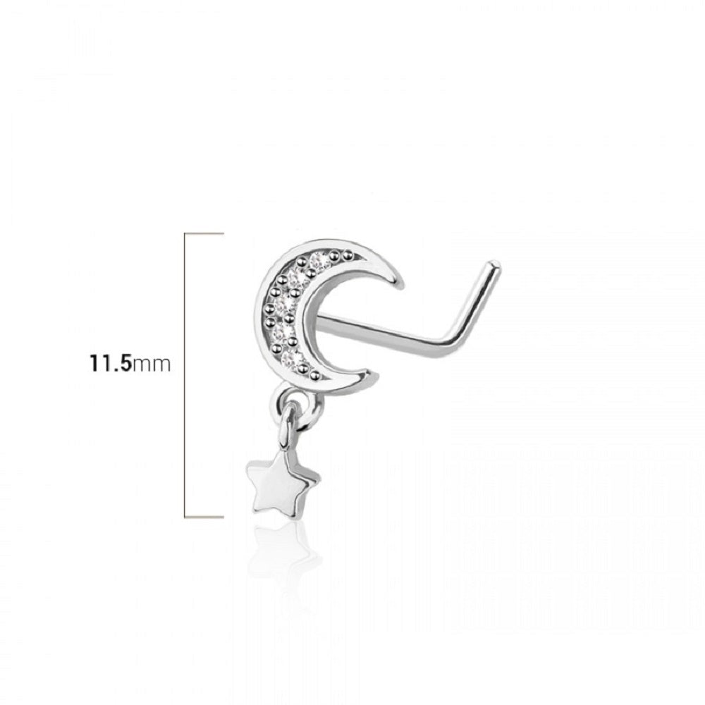 CZ Crystal Crescent Moon with Dangling Star L-Bend Nose Stud - 316L Stainless Steel