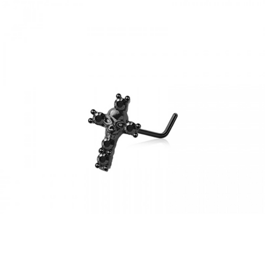 Black Skull Cross Top L-Bend Nose Stud - 316L Stainless Steel