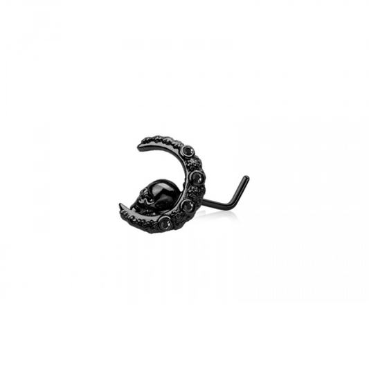 Black Skull In Crescent Moon Top L-Bend Nose Stud - 316L Stainless Steel
