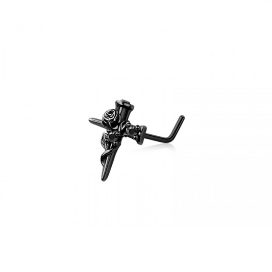 Black Cross with Rose and Twisted Vines Top L-Bend Nose Stud - 316L Stainless Steel