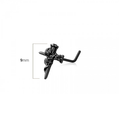 Black Cross with Rose and Twisted Vines Top L-Bend Nose Stud - 316L Stainless Steel