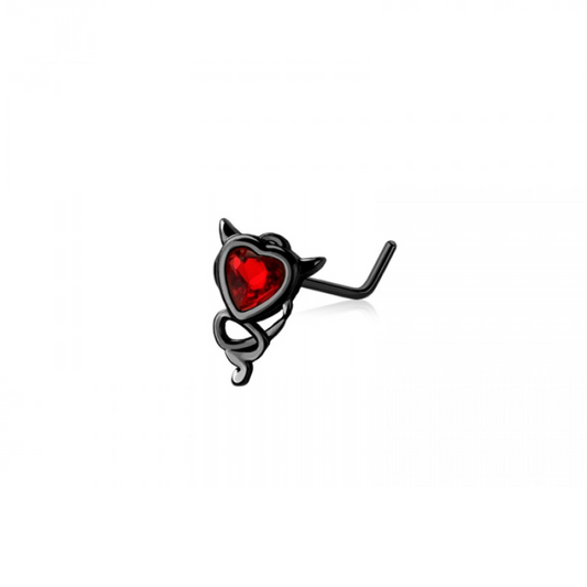 Red Devil Heart L-Bend Nose Stud - Black 316L Stainless Steel