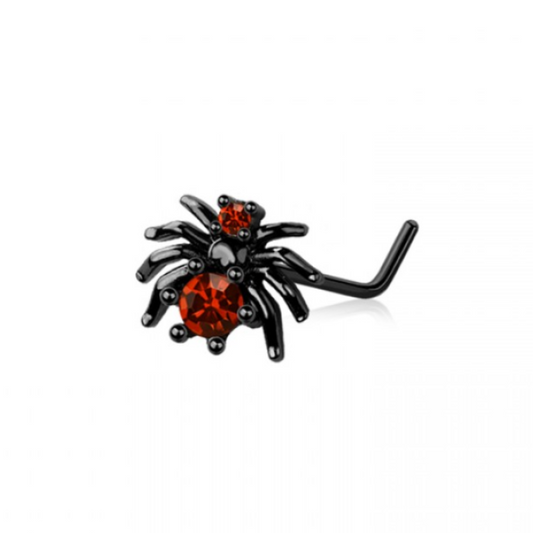 Red CZ Crystal Spider L-Bend Nose Stud - Black 316L Stainless Steel