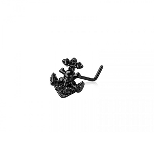 Black Skull Anchor Top L-Bend Nose Stud - 316L Stainless Steel