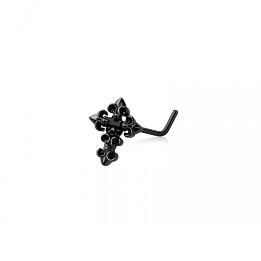 Black Fleur De Lis Cross Top L-Bend Nose Stud - 316L Stainless Steel