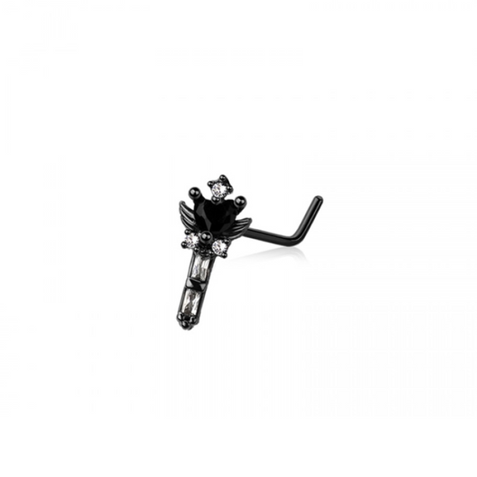 CZ Crystal Winged Heart Stake L-Bend Nose Stud - Black 316L Stainless Steel
