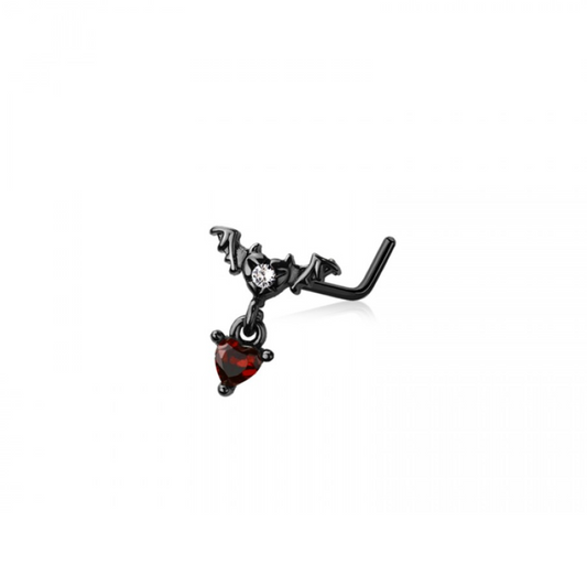 CZ Crystal Bat with Dangling Red Heart L-Bend Nose Stud - Black 316L Stainless Steel
