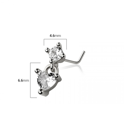 CZ Crystal Gem with Dangling Heart L-Bend Nose Stud - 316L Stainless Steel