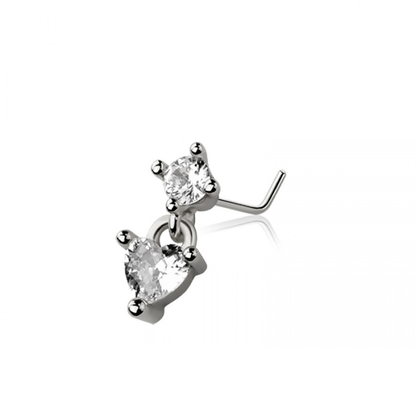CZ Crystal Gem with Dangling Heart L-Bend Nose Stud - 316L Stainless Steel