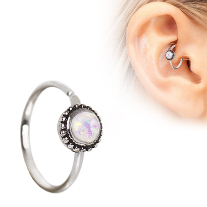 Ornate Synthetic White Opal Bendable Ring- 316L Stainless Steel