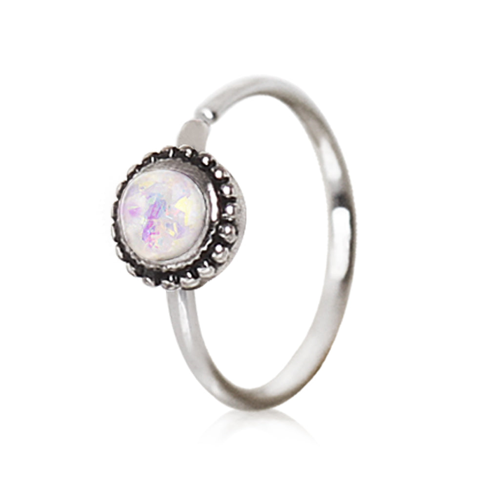 Ornate Synthetic White Opal Bendable Ring- 316L Stainless Steel