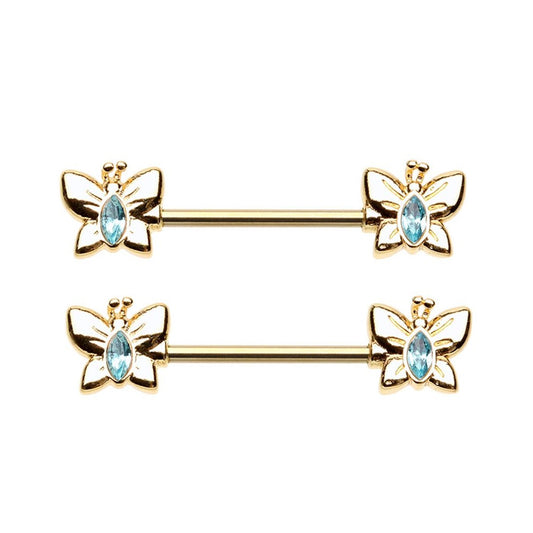 Aqua CZ Crystal Centered Butterfly Nipple Barbells - Gold Plated Stainless Steel - Pair