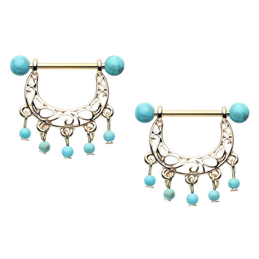 Turquoise Beaded Chandelier Dangling Nipple Ring Shields - Gold Plated Stainless Steel - Pair