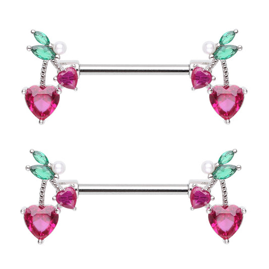 CZ Crystal Cherry Ends Nipple Barbells - Pair - Stainless Steel