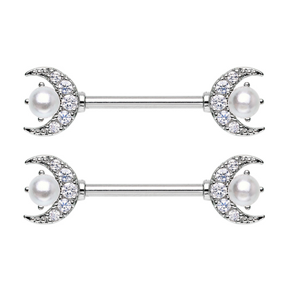 CZ Crystal Crescent Moon with Faux Pearl Nipple Barbells - Pair - 316L Stainless Steel