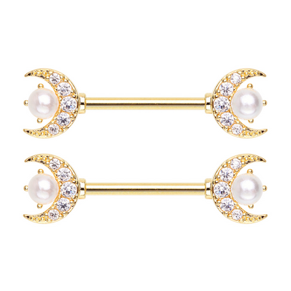 CZ Crystal Crescent Moon with Faux Pearl Nipple Barbells - Pair - 316L Stainless Steel